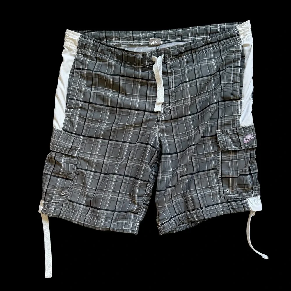 80's Nike Sportswear XL Plaid Cargo Board Shorts Grey Black‎ Swim Trunks